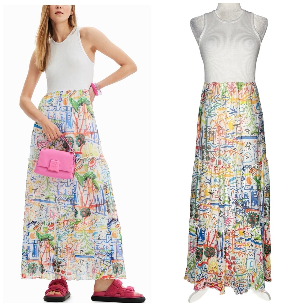 Desigual Maxi Dress S Javier Mariscal Art Colorful Abstract‎ Print Tiered Tulle